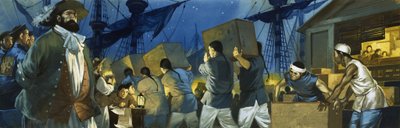 Chinesische Arbeiter laden Tee auf einen Klipper für den Transport nach England von Angus McBride