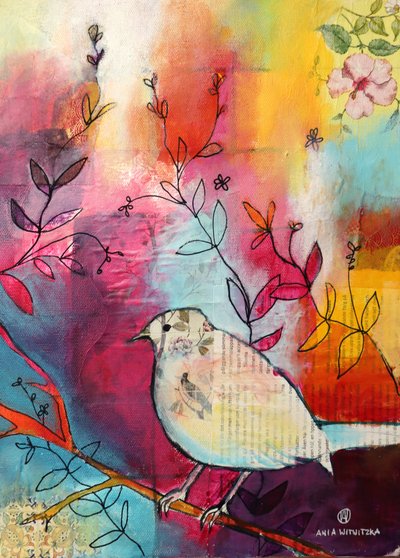 Verspielter Vogel auf Zweig von Ania Witwitzka
