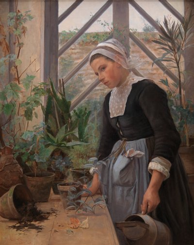 Bretonisches Mädchen, das sich um Pflanzen im Gewächshaus kümmert, 1884 von Anna Petersen