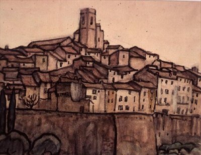 Ansicht einer ummauerten Stadt mit einem quadratischen Turm auf einem Hügel von Anne L. Falkner