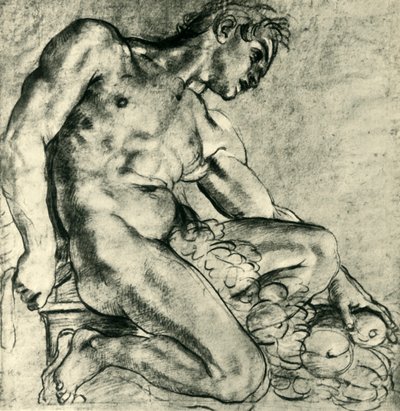 Ein sitzender Ignudo mit einem Kranz von Annibale Carracci