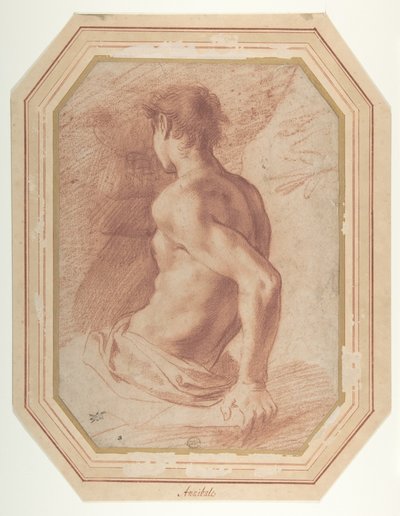Rückenansicht eines sitzenden, nach links gewandten nackten Jünglings von Annibale Carracci