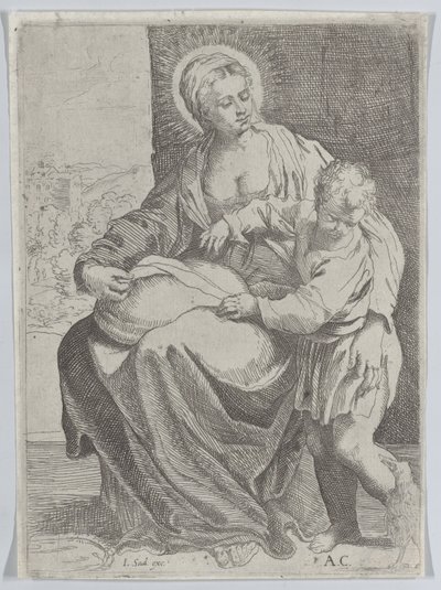 Die Jungfrau sitzt und hält ein Kissen auf ihrem Schoß, mit dem jungen Christus rechts stehend von Annibale Carracci