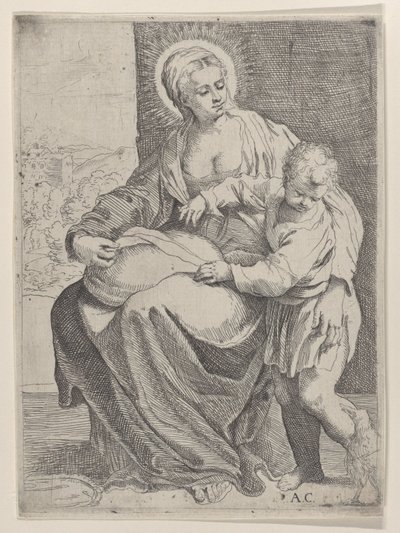 Die Jungfrau sitzt und hält ein Kissen auf ihrem Schoß mit dem jungen Christus, der rechts steht..., 1580-1600 von Annibale Carracci