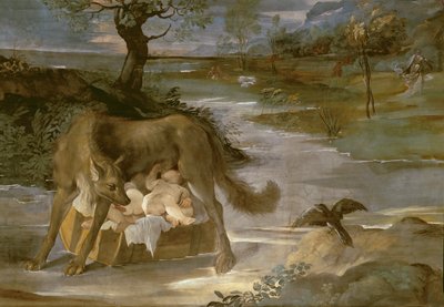 Die Wölfin, die Romulus und Remus säugt, aus dem Zyklus der Geschichte von Romulus, ca. 1590 von Annibale Copy Carracci