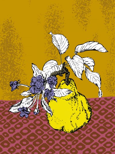 Quitte und violette Blüten von Annick