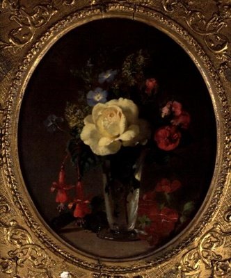Stillleben mit einer gelben Rose, Reseda und Fuchsien von Annie Feray Mutrie