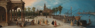 Tanzgesellschaft im Vorhof eines imaginären Palastes mit Capriccio-Ansicht von Venedig in der Ferne von Anonymous