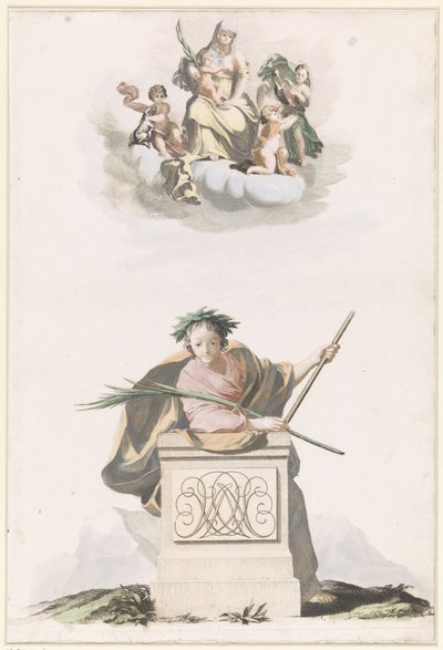 Figur, die sich auf eine Steinsäule lehnt, mit Initialen und Maria auf den Wolken von Anonymous