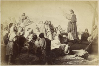 Fotoreproduktion einer (vermutlich) Druckgrafik von Jesus, der aus einem Boot predigt von Anonymous