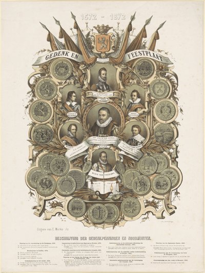 Gedenk- und Festplatte mit Porträts von Wilhelm I., Prinz von Oranien, seinen Söhnen Maurits und Frederik Hendrik, Prinzen von Oranien, seinen Brüdern Ludwig, Adolf und Heinrich, Grafen von Nassau, und Wilhelm Bloys von Treslong von Anonymous