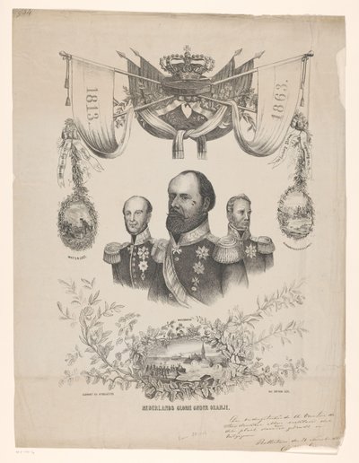 Gedenkplatte zur Feier des 50-jährigen Unabhängigkeit der Niederlande mit Porträts der Könige Willem I, II und III von Anonymous