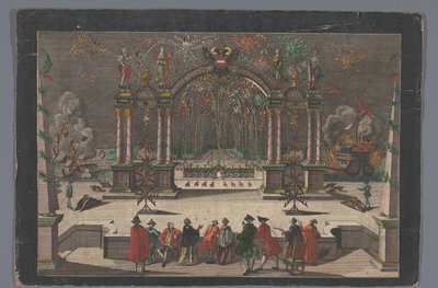 Gezicht op vuurwerk en een triomfboog met een tweekoppige adelaar en de naam van Jozef II, Duits keizer von Anonymous