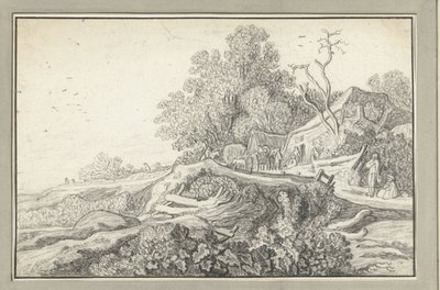 Landschaft mit einem Wagen und Figuren bei einem Bauernhof von Anonymous
