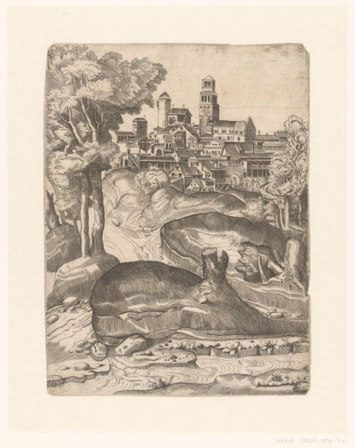Landschaft mit einem Fluss und einer Stadt auf einem Hügel von Anonymous