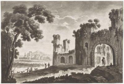 Landschaft mit Ruinen, Hirten und Wanderern von Anonymous