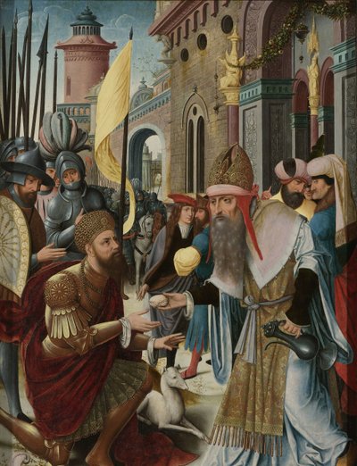 Begegnung von Abraham und Melchisedek (Innenseite, linker Flügel eines Triptychons) von Anonymous