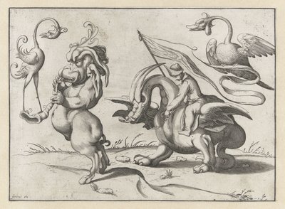 Monster mit Trompete und einer Art Kranich (Groteske Figuren umgeben von einer Rahmenlinie) von Anonymous