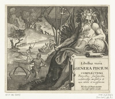 Titelblatt mit Titel und Flussgott mit Dreizack und Fischernetz in Landschaft mit Fischern (Libelivs varia Genera piscium complectens) von Anonymous