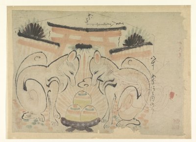 Zwei Füchse bei einem japanischen Tempel von Anonymous