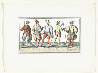 Vier Bauern in aktueller Mode und einer in alter Mode, ca. 1580 (Modes rustiques) von Anonymous