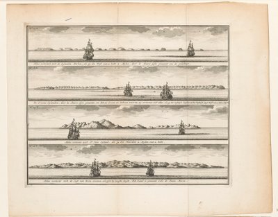 Vier Inseln (Aldus vertoonen sich die Eylanden Marken, als gy die West von u hebt 2 Mylen, door le Maire alsoo genaemt om de gelykhyt / De Groene Eylanden, door le Maire alsoo genaemt, om dat ze Groen en Schoon waeren, zy vertoonen sich aldus, als gy het) von Anonymous