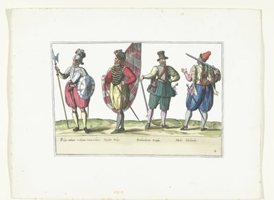 Vier Soldaten in Uniformen nach der Mode in den Niederlanden und England, ca. 1580 (Serie) von Anonymous
