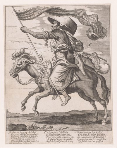 Frau auf einem Pferd, behangen mit Fischen und einem Fischernetz als Fahne beim Karneval von Anonymous