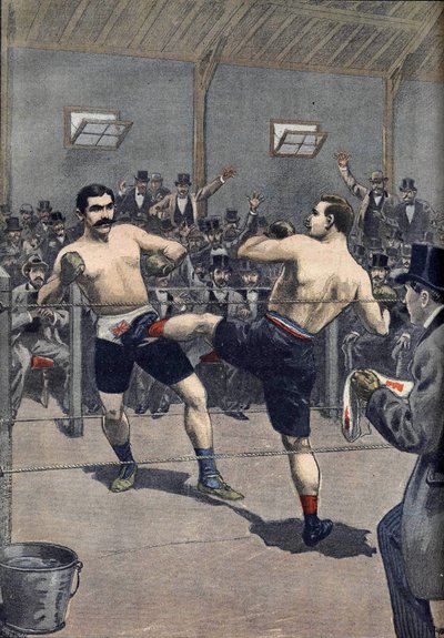 Ein Boxangriff: Sieg des französischen Meisters Joseph Charlemont (1839-1918) gegen Jerry Discroll mit der Technik des „Savate“ in Le Petit Journal 1899 von Anonymous Anonymous