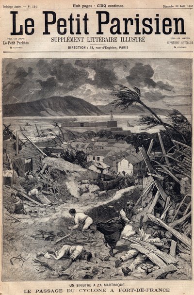 Eine Katastrophe in Martinique: der Durchzug des Zyklons in Fort-de-France im Jahr 1891. Gravur in „Le petit Parisien“ vom August 1891. Private Sammlung. von Anonymous Anonymous
