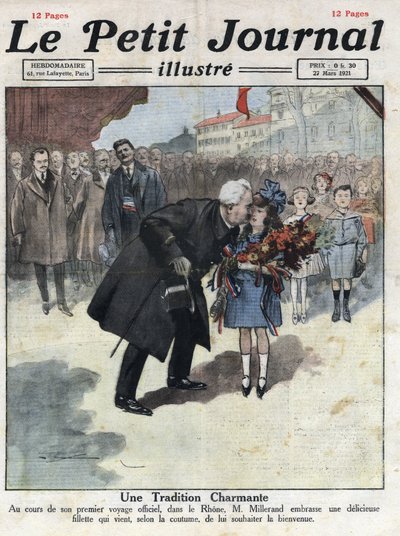 Ein kleines Mädchen bietet dem Präsidenten der Republik Alexandre Millerand während eines seiner Aufenthalte im Rhone ein Bouquet in Trikolore-Farben an. Illustration aus „Le petit journal“ vom 27.03.1921. Private Sammlung von Anonymous Anonymous