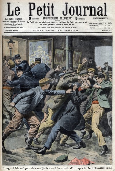 Ein Polizist verletzt während antimilitaristischer Show in Aubervilliers, Titelseite der Zeitung Petiter Journal, 31. Januar von Anonymous Anonymous
