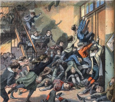 Eine Schule in Cleveland (Vereinigte Staaten) brannte nieder. Gravur aus der Zeitung „Le Petite Parisien“, 22/03/1908. Private Sammlung. von Anonymous Anonymous