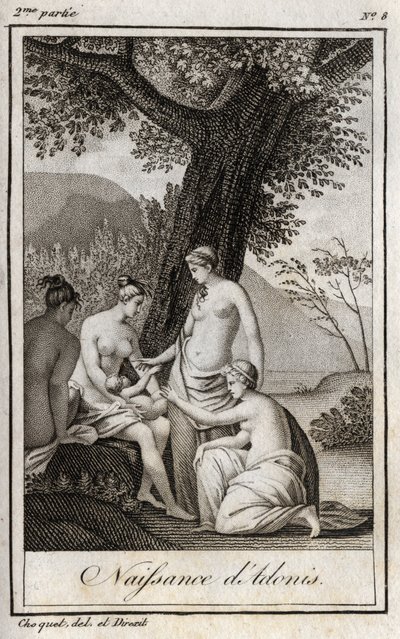 Adonis wird geboren. Gravur von 1819 in „Lettres à Emilie sur la mythologie“ von Charles Albert Demoustier (1760-1801). Private Sammlung von Anonymous Anonymous