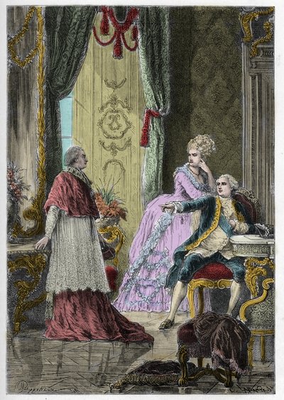 Affäre um die Halskette der Königin (1785-1786): Kardinal Louis René Édouard de Rohan (1734-1803) vor König Ludwig XVI. (1754-1793) und Königin Marie Antoinette (1755-1793) von Anonymous Anonymous