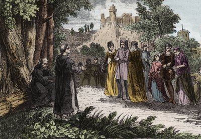 Albigenser-Häresie - St. Dominikus predigt den Albigensern - Gravur von 1846 in Lives of the Saints. Private Sammlung von Anonymous Anonymous