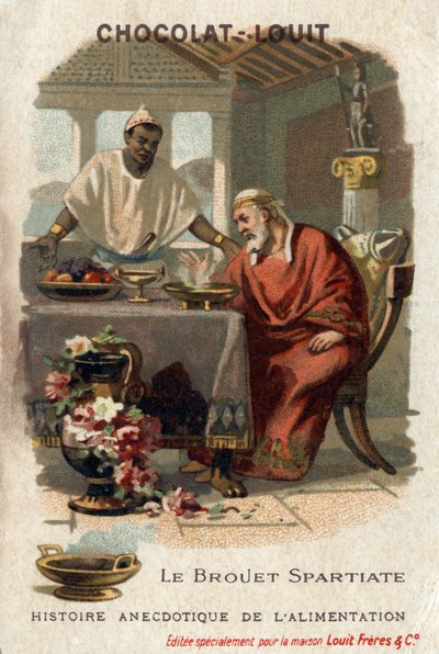 Anekdotische Geschichte des Essens: der spartanische Eintopf. Denys der Ältere (431-367 v. Chr.), Tyrann von Syrakus, verabscheute den Eintopf, als er ihn probierte. Der Koch antwortete, dass er nicht hungrig genug sei, um ihn zu schätzen. Chromolithograph von Anonymous Anonymous