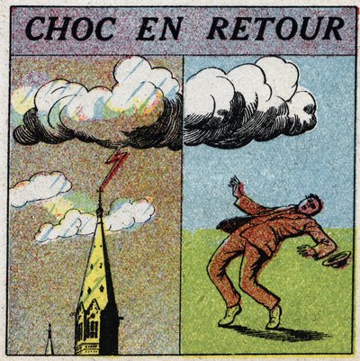 Atmosphärische Elektrizität: Rückschlag. Ein Mann wird durch einen Blitzschlag elektrokutiert. Anonyme Illustration von 1925. Private Sammlung. von Anonymous Anonymous