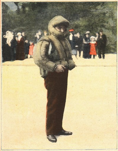 Luftfahrt: Luftanzug zum Schutz von Fliegern vor dem Absturz. Gravur in „Le petit parisien“ am 16.10.1910. Private Sammlung. von Anonymous Anonymous