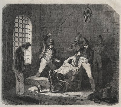 Bagne von Brest: Prügelstrafe. Gravur in „Histoire des bagnes depuis leur création à nos jours“ (1877) von Pierre Zaccone (1817-1895). Private Sammlung von Anonymous Anonymous