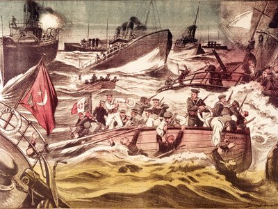 Schlacht von Kunfuda: Seeschlacht am 7. und 8. Januar 1912 während des Italienisch-Türkischen Krieges (1911-1912) im Roten Meer vor dem Hafen von Kunfuda, Saudi-Arabien. von Anonymous Anonymous