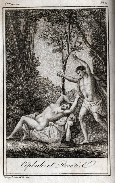 Cephale und Procris, Liebespaar. Gravur von 1819 in „Lettres à Emilie sur la mythologie“ von Charles Albert Demoustier (1760-1801). Private Sammlung. von Anonymous Anonymous