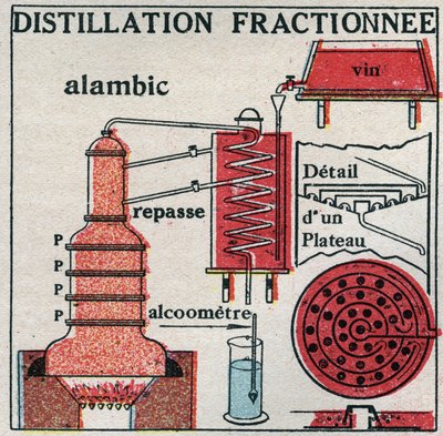 Zustandsänderungen: Dämpfe. Fraktionierte Destillation von Wein. Anonyme Illustration von 1925. Private Sammlung. von Anonymous Anonymous