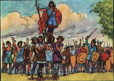 Chlodwig (König der Franken von 481 bis 511) wurde von den Saliern zum König gewählt, die ihn auf dem Schild durch das Lager trugen. Anonyme Illustration in „Collection des souverains et chefs d