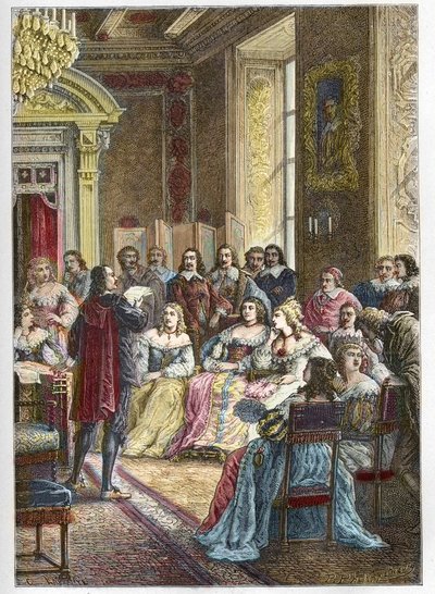 Corneille liest seine Tragödie Polyeucte im Hotel de Rambouillet vor Catherine de Vivonne, Marquise de Rambouillet, und in Anwesenheit der Reiter und Männer der Kirche (Bossuet war auch einer der Stammgäste der Blauen Kammer) - Pierre Corneille von Anonymous Anonymous