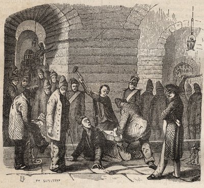Kopplung im Rochefort Bagne im 19. Jahrhundert. Gravur in „Histoire des bagnes depuis leur création à nos jours“ (1877) von Pierre Zaccone. Private Sammlung. von Anonymous Anonymous