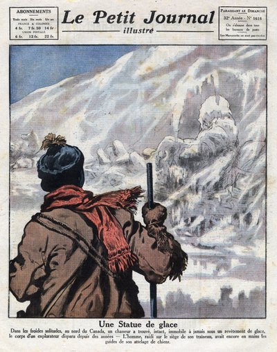 Entdeckung des Körpers eines Entdeckers im Eis von Kanada, der seit Jahren verschwunden war. Illustration aus „Le petit journal“ vom 11.12.1921. Private Sammlung von Anonymous Anonymous