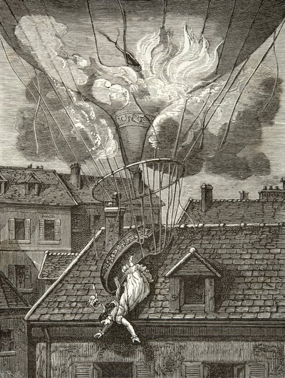 Dramatischer Tod von Madame Sophie Blanchard (1778-1819), Aeronautin am 6. Juli 1819 über den Gärten von Tivoli in Paris, Gravur, Private Sammlung von Anonymous Anonymous