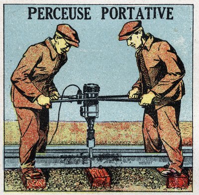 Elektrische Werkzeuge: tragbare Bohrmaschine. Anonyme Illustration von 1925. Private Sammlung. von Anonymous Anonymous
