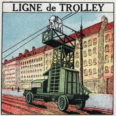 Elektrische Straßenbahnen: eine Oberleitung. Anonyme Illustration von 1925. Private Sammlung. von Anonymous Anonymous